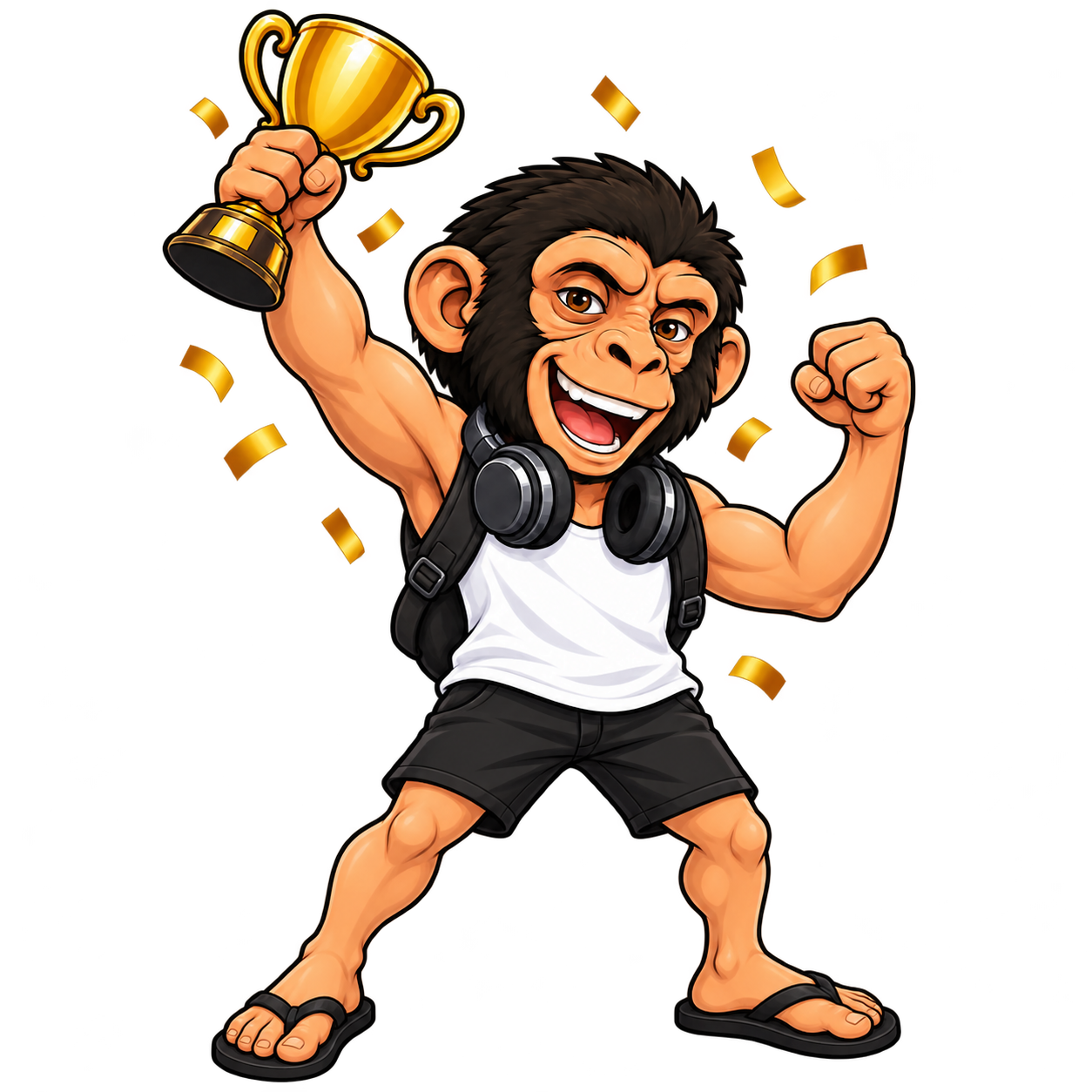 Mascote do Macaco do ENEM comemorando a conclusão da trilha, erguendo um troféu dourado entre confetes