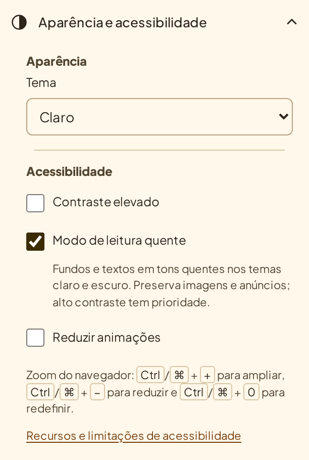 Menu de aparência com tema Claro e Modo de leitura quente ativado para leitura em tons quentes.