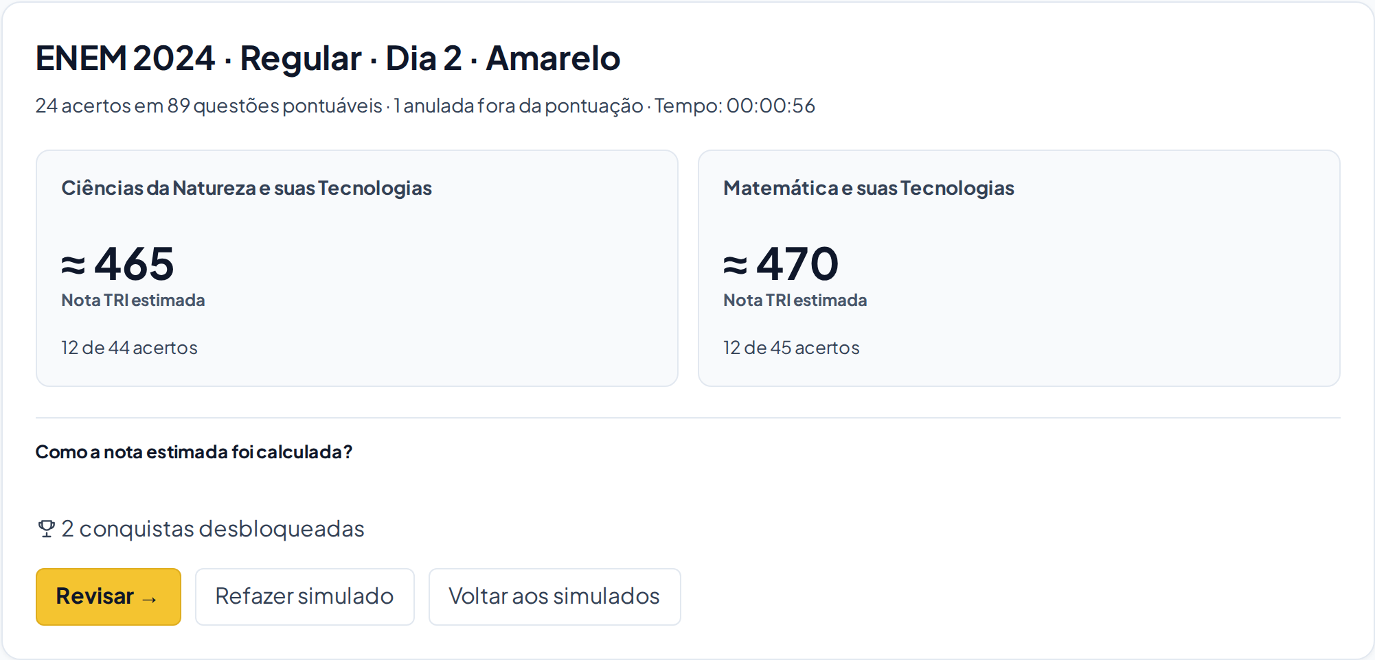 Resultado de simulado com acertos e estimativas TRI por área, calculados a partir de respostas de demonstração.