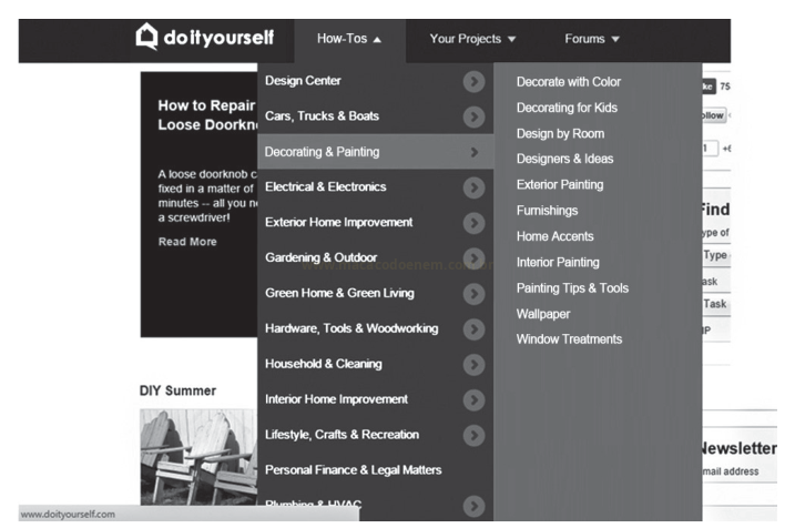 Captura de tela de um site de trabalhos manuais com o menu 'How-Tos' aberto e categorias de decoração listadas.