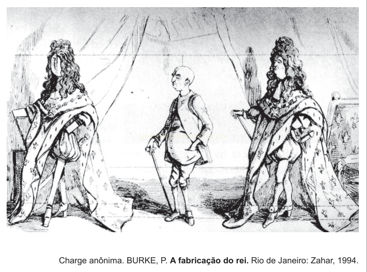 Charge com três figuras em trajes de época, incluindo um homem baixo ao centro.