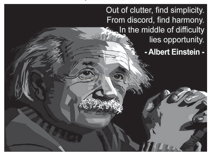 Ilustração em preto e branco de Albert Einstein com as mãos entrelaçadas e uma citação sobre simplicidade e oportunidade.