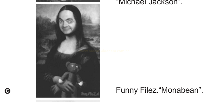 Paródia em preto e branco da Mona Lisa com o rosto de Mr. Bean, segurando um ursinho de pelúcia, intitulada 'Monabean'.