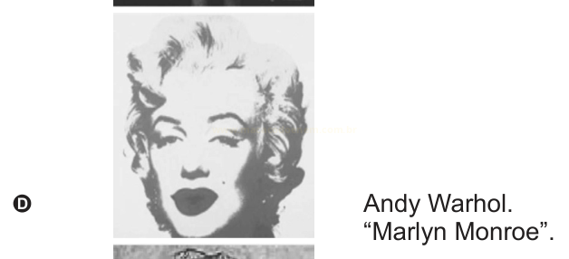 Retrato em preto e branco de Marilyn Monroe em estilo pop art, identificado como obra de Andy Warhol.