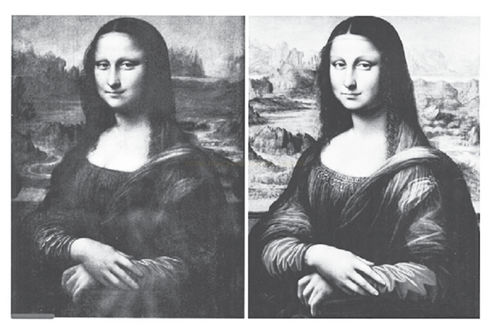 Duas versões em preto e branco do mesmo retrato de uma mulher com as mãos cruzadas, uma mais escura e outra mais clara.