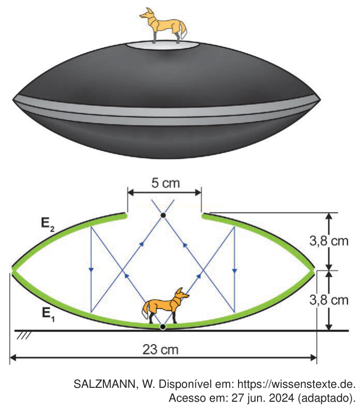 Ilustração de um disco voador com um cachorro no topo e, abaixo, o esquema de seu corte transversal com medidas em centímetros.