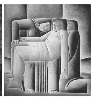 Pintura cubista em tons de cinza com uma figura feminina geometrizada e sentada, com formas volumétricas.