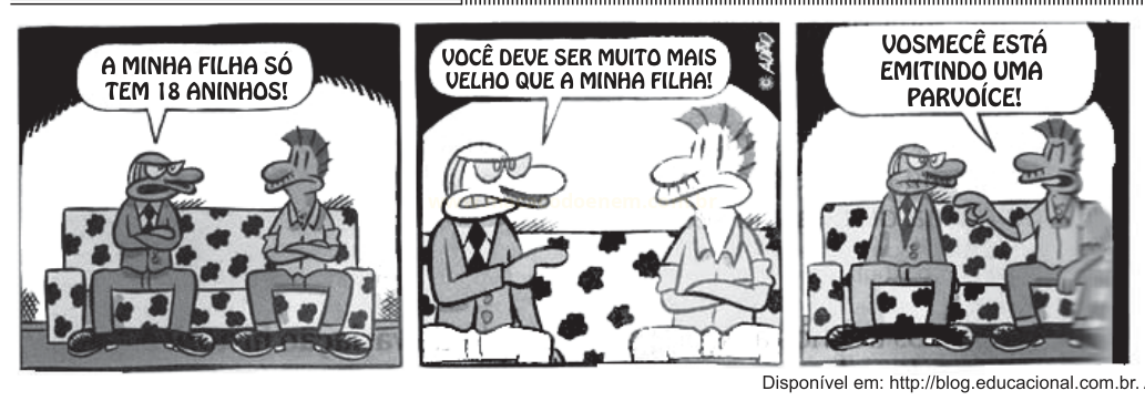 Tira cômica em três quadros com dois homens conversando sobre suas filhas em um sofá.