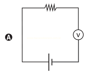 Diagrama de circuito elétrico simples com resistor, voltímetro V e bateria, identificado pela letra A.