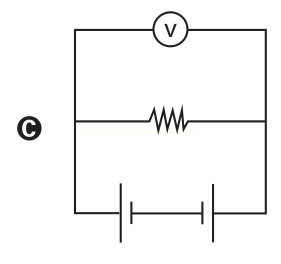Circuito elétrico com voltímetro em cima, um resistor no meio e duas pilhas em série embaixo.