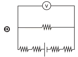 Circuito elétrico com voltímetro, resistor e, no ramo inferior, dois resistores em série com uma pilha entre eles.