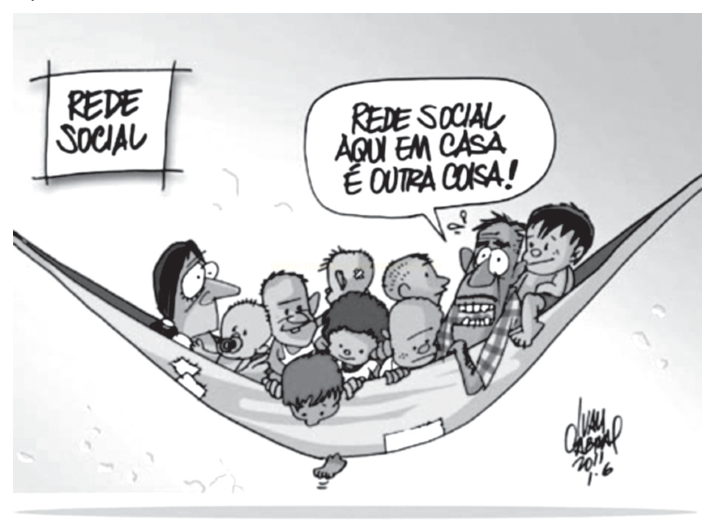 Charge em que várias pessoas apertadas dividem uma rede de dormir, com a placa 'Rede social'.