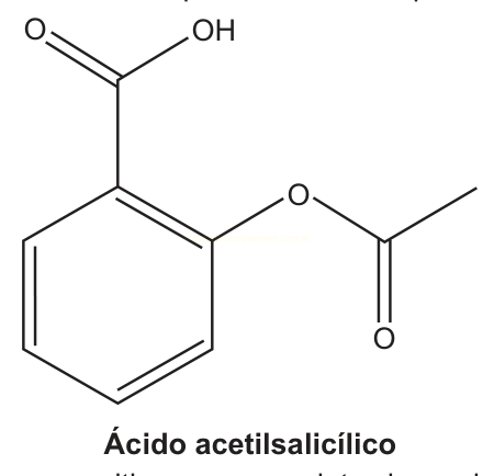 Fórmula estrutural plana do ácido acetilsalicílico, com anel benzênico, grupo carboxila e grupo éster.