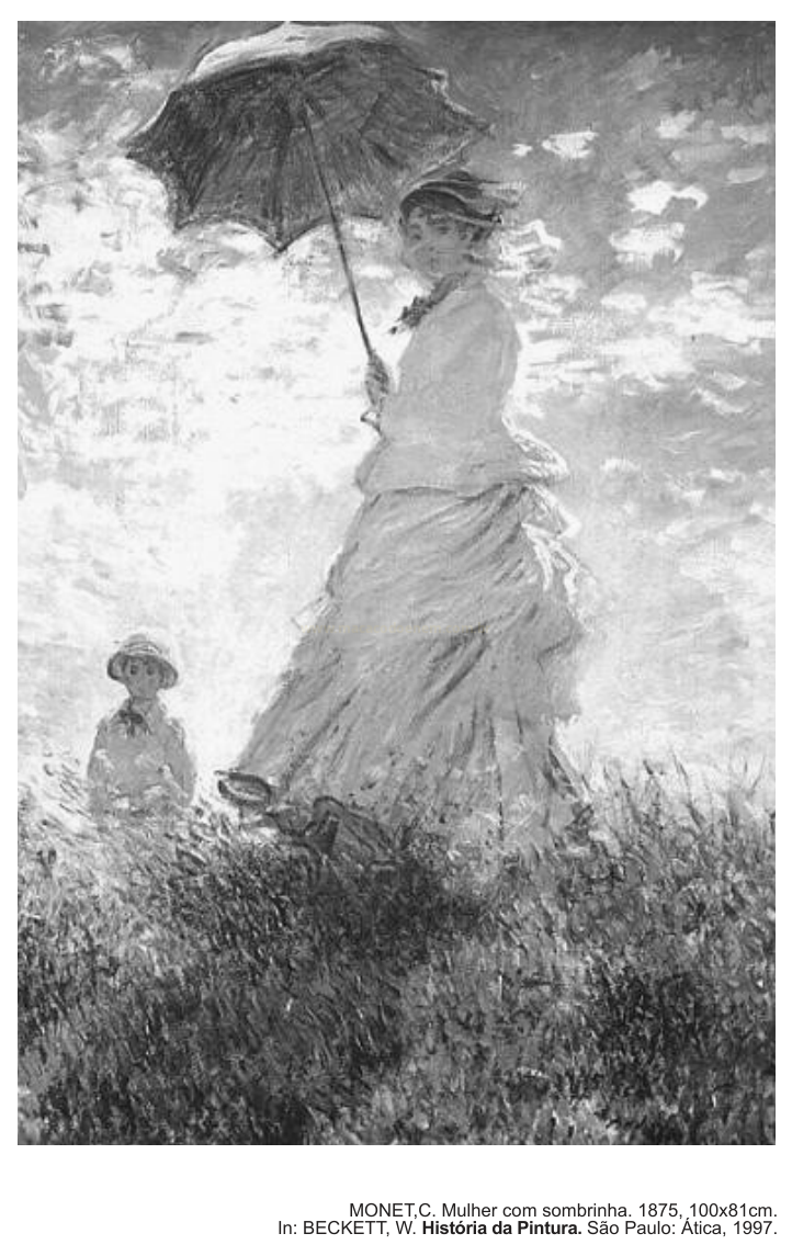 Pintura impressionista em preto e branco de uma mulher com vestido claro e sombrinha em um campo, acompanhada ao fundo por uma criança.