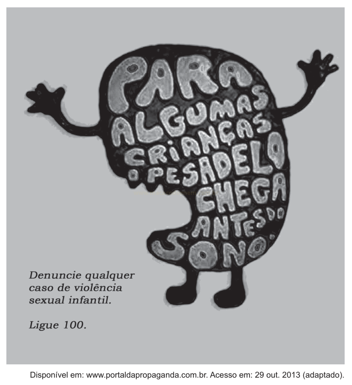 Cartaz com silhueta escura em forma de balão de fala contendo a frase sobre pesadelo e sono, além do telefone de denúncia 100.