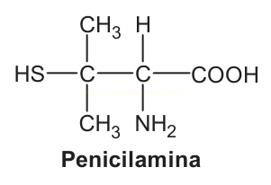 Estrutura química da penicilamina, com grupo tiol, dois metil, amino e carboxila.