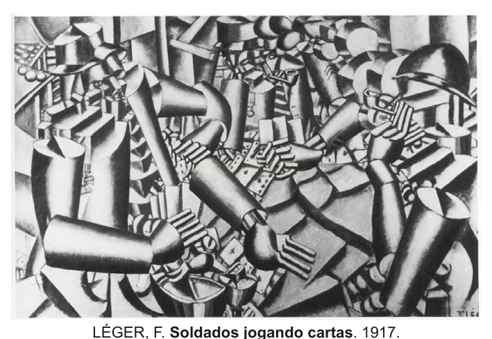 Pintura cubista em tons de cinza com formas mecânicas e cilíndricas que lembram braços e engrenagens, além de um capacete.
