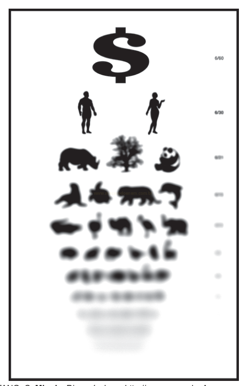 Pôster com cifrão no alto e silhuetas de pessoas, animais e plantas diminuindo de tamanho até a base.