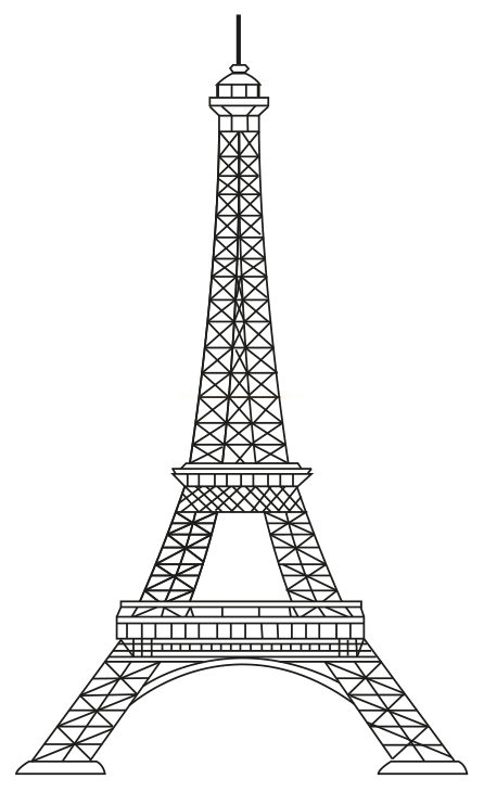 Desenho de linha de uma torre de ferro com treliças em X, arcos na base e antena no topo, semelhante à Torre Eiffel.