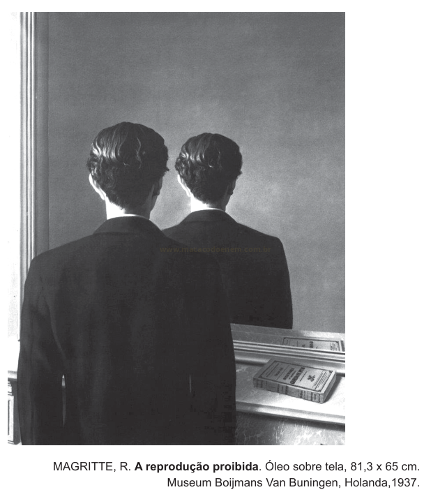 Pintura que mostra um homem de costas diante de um espelho, no qual seu reflexo também aparece de costas.