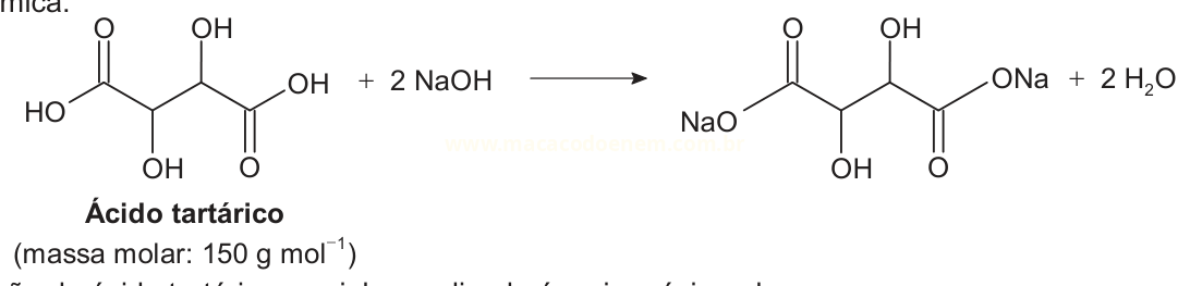 Equação química da reação entre ácido tartárico e hidróxido de sódio, formando tartarato de sódio e água.