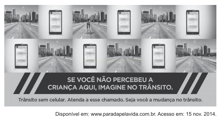 Sequência de fotos de avenida alternadas com imagens de celular na mão, com a frase 'Se você não percebeu a criança aqui, imagine no trânsito'.
