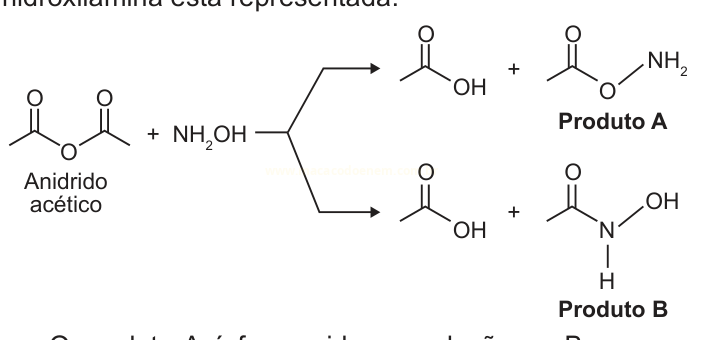 Esquema de reação do anidrido acético com hidroxilamina, originando ácido acético e dois produtos diferentes (A e B).