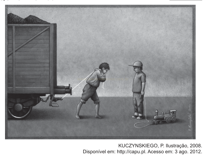 Ilustração de um menino puxando um vagão de carga com uma corda, diante de outro menino que puxa um trenzinho de brinquedo.