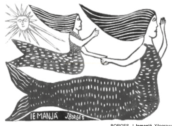 Xilogravura em preto e branco com duas figuras femininas de longos cabelos, caudas padronizadas e um sol com rosto.