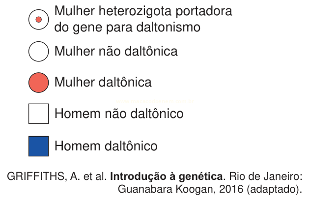 Legenda de heredograma sobre daltonismo com cinco símbolos e significados.