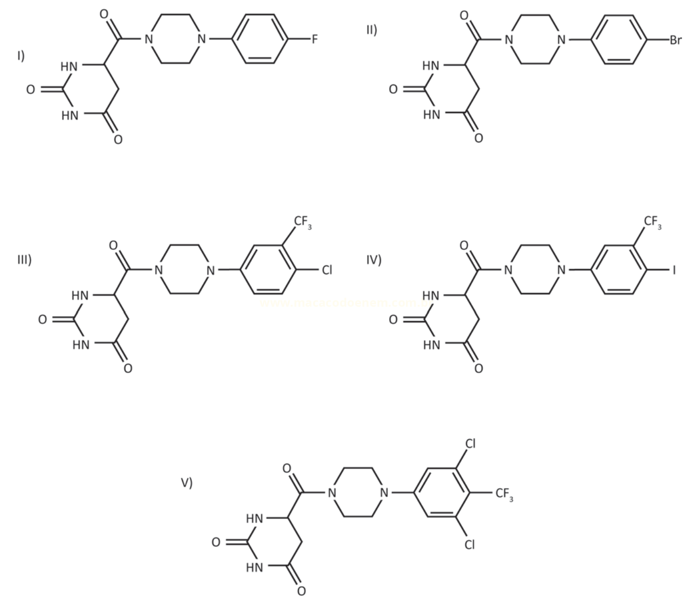 Cinco estruturas químicas numeradas de I a V, derivadas de piperazina, com diferentes substituintes no anel aromático.