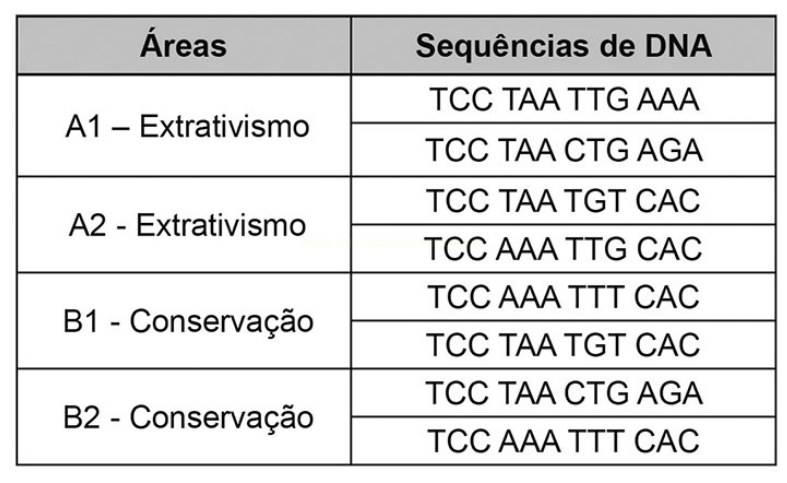 Tabela que associa duas áreas de extrativismo e duas de conservação a pares de sequências de DNA.