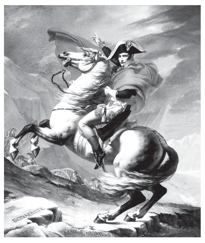 Pintura em preto e branco de um homem de bicorne em um cavalo empinado na montanha, com a inscrição BONAPARTE.