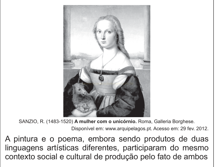 Reprodução em preto e branco de uma pintura renascentista de uma jovem segurando um unicórnio entre duas colunas.