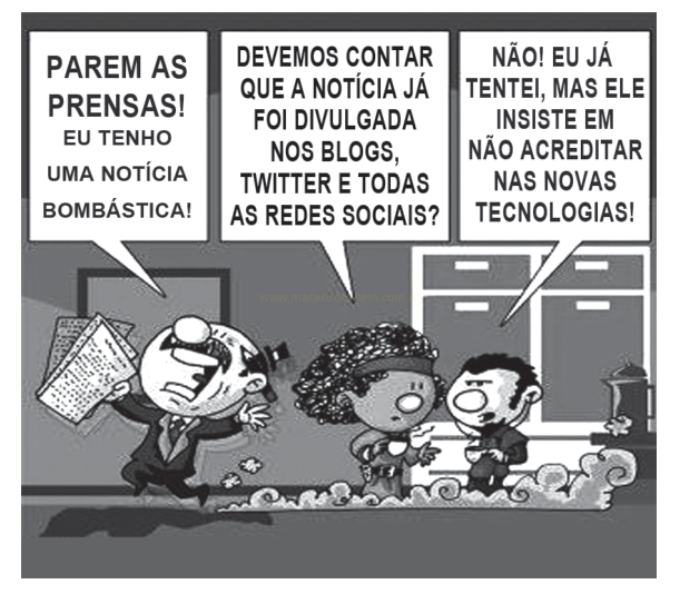 Tira de quadrinhos em preto e branco com três quadros e balões de fala sobre uma notícia e as redes sociais.