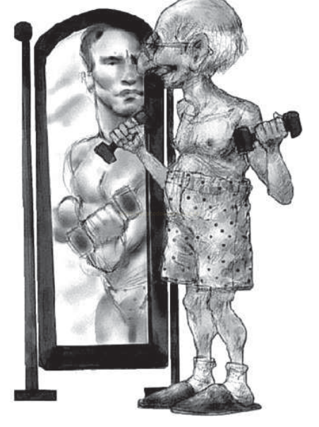 Desenho em preto e branco de um homem idoso e magro com halteres vendo no espelho o reflexo de um corpo musculoso.