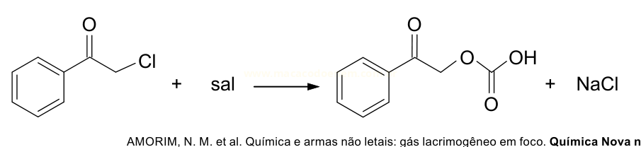 Esquema de reação química entre uma molécula com anel benzênico e cloro, um sal, formando um éster e NaCl.