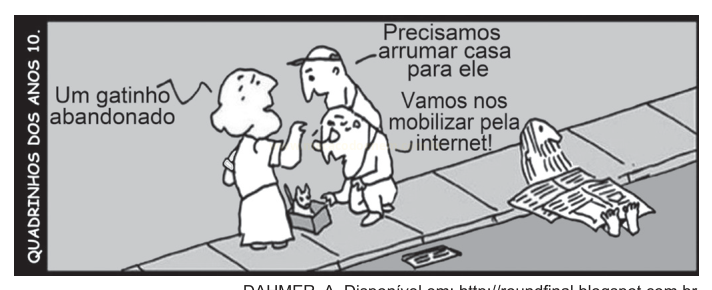 Quadrinho de Laerte com uma mulher dizendo "Um gatinho abandonado" e dois homens propondo mobilização pela internet.