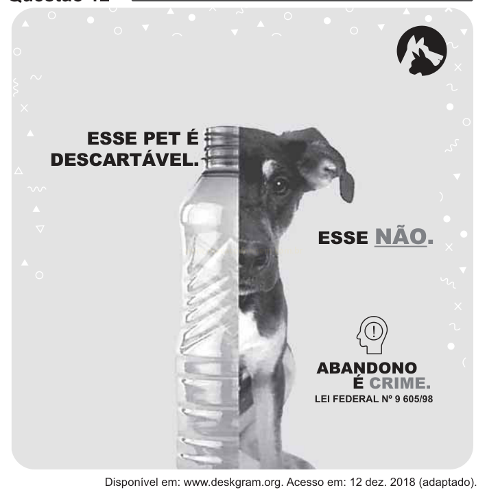 Cartaz em tons de cinza com uma garrafa plástica e um cachorro, com a frase 'Esse pet é descartável. Esse não.'.