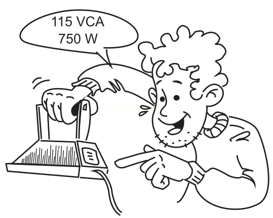 Cartum de um homem apontando para um aparelho elétrico, com balão de fala indicando 115 VCA e 750 W.