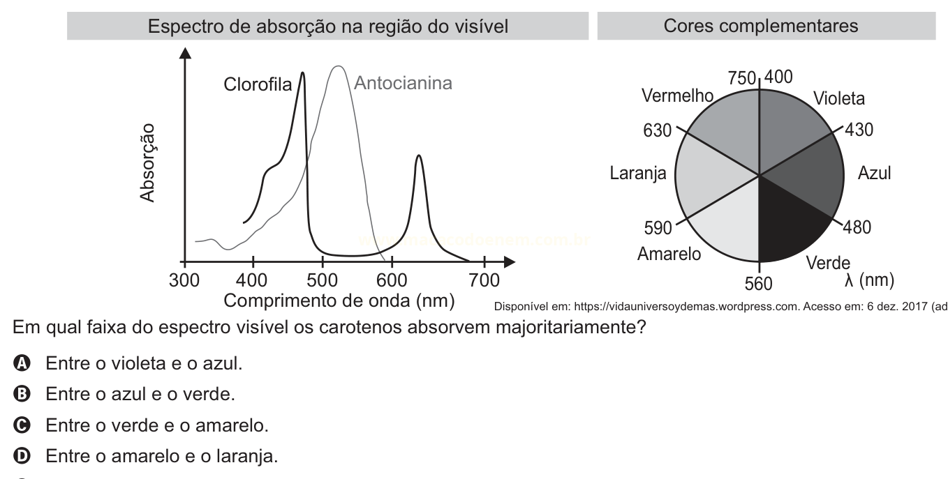 Gráfico do espectro de absorção da clorofila e da antocianina ao lado de um círculo de cores complementares, com pergunta e alternativas.