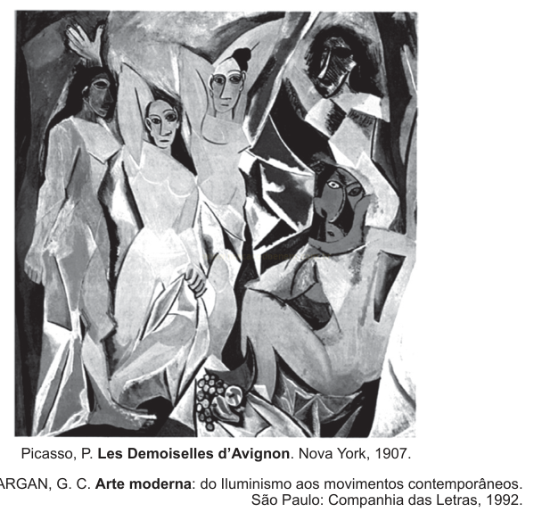 Reprodução em preto e branco da pintura cubista Les Demoiselles d'Avignon, de Picasso, com cinco figuras femininas.