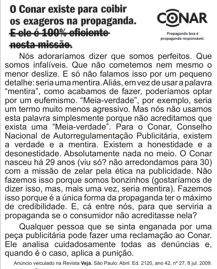 Anúncio do Conar com o título sobre coibir exageros na propaganda e um texto corrido sobre ética publicitária.