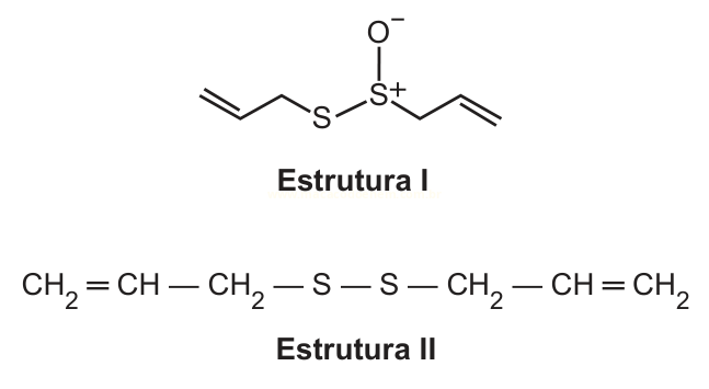 Duas fórmulas estruturais de compostos de enxofre, a estrutura I com grupo sulfóxido e a estrutura II com ponte dissulfeto.