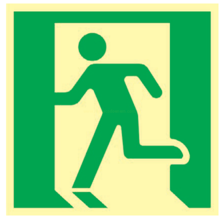 Pictograma verde de pessoa correndo em direção a uma porta, indicando saída.