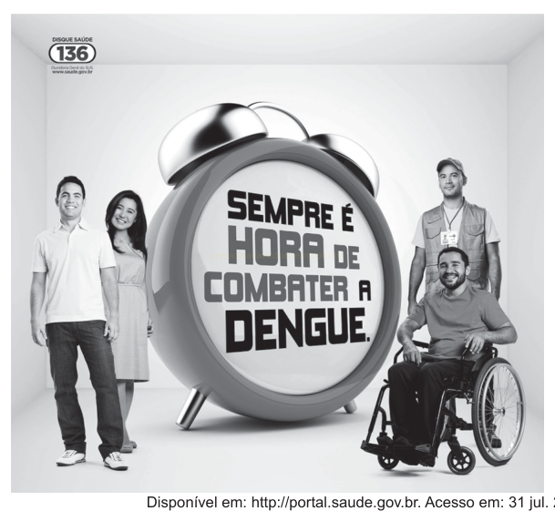 Cartaz de campanha contra a dengue com um grande despertador e quatro pessoas, incluindo um homem em cadeira de rodas.