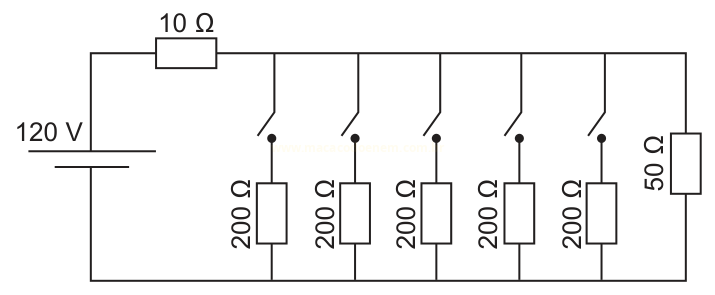 Diagrama de circuito com fonte de 120 V, resistor de 10 Ω em série e cinco resistores de 200 Ω em paralelo com um de 50 Ω.