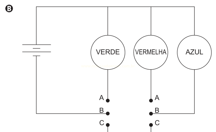 Circuito com bateria e três lâmpadas em paralelo, com contatos A, B e C descendo verticalmente sob cada lâmpada.