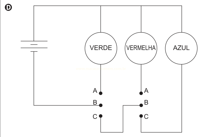 Circuito com bateria e três lâmpadas em paralelo, com condutores em degrau ligando os contatos das lâmpadas verde e vermelha.