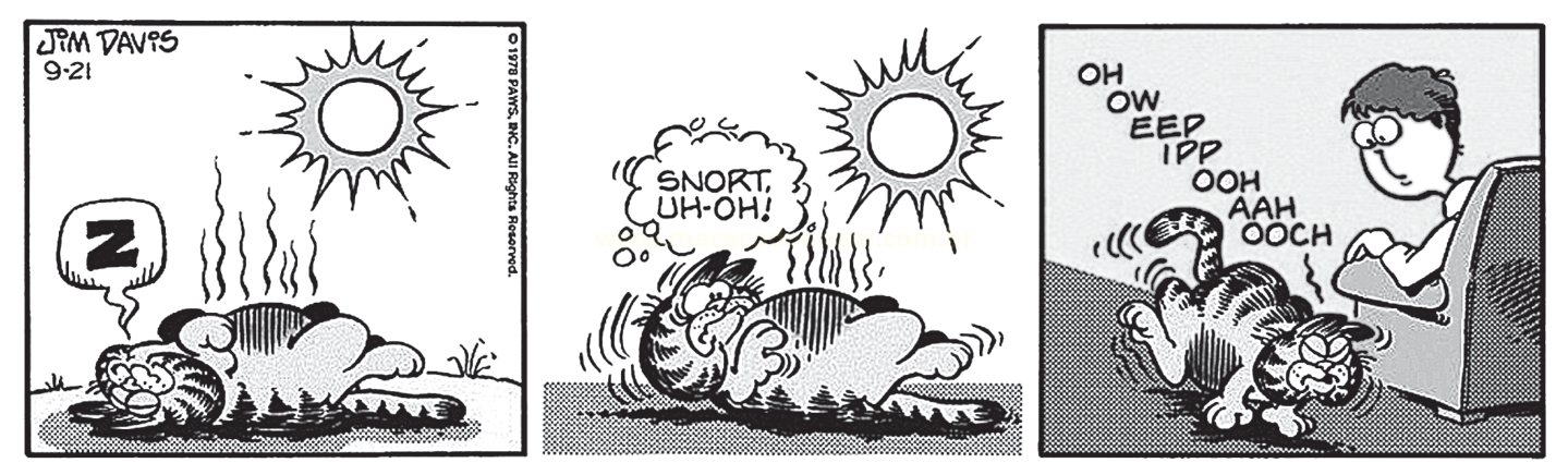 Tira de três quadrinhos com um gato dormindo ao sol que acorda e ataca um menino sentado em uma poltrona.